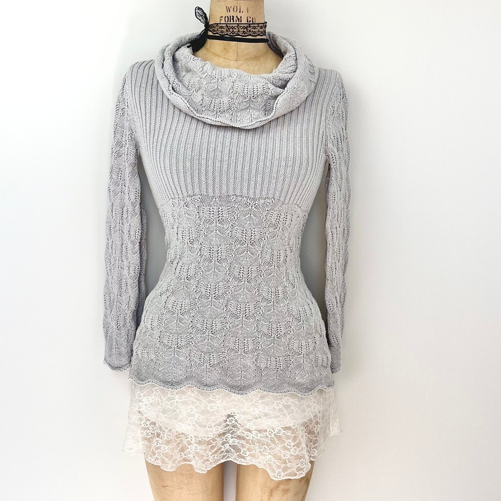 2000's Womens S‎ Cowl Neck Sweater Metallic Cable Knit Coquette Whimsical Fairy